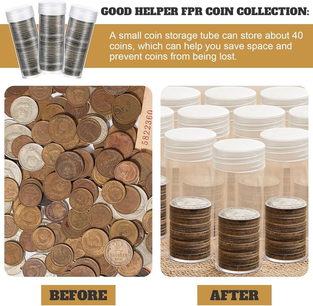 Compact Clear Plastic Quarter Storage Tubes - 45 Count with Rotatable Screw Lids