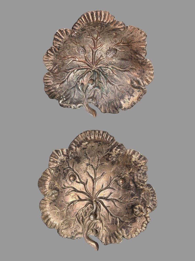 Pair of Antique Victorian Silverplate Leaf Shaped Serving Bowls Trays