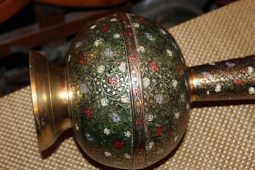 Middle Eastern India Brass Metal Double Handle Vase Flowers Scrolls