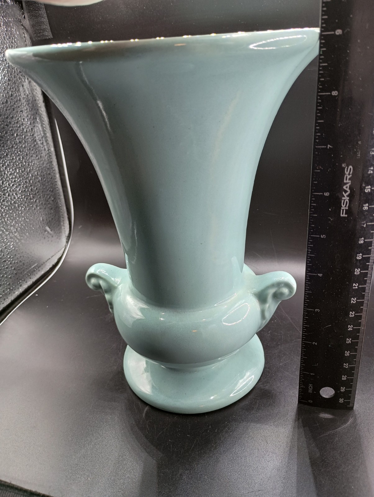 Vintage Pottery Vase Turquoise 9 1/4" H HAEGAR USA Scroll Handle Urn Footed Nice
