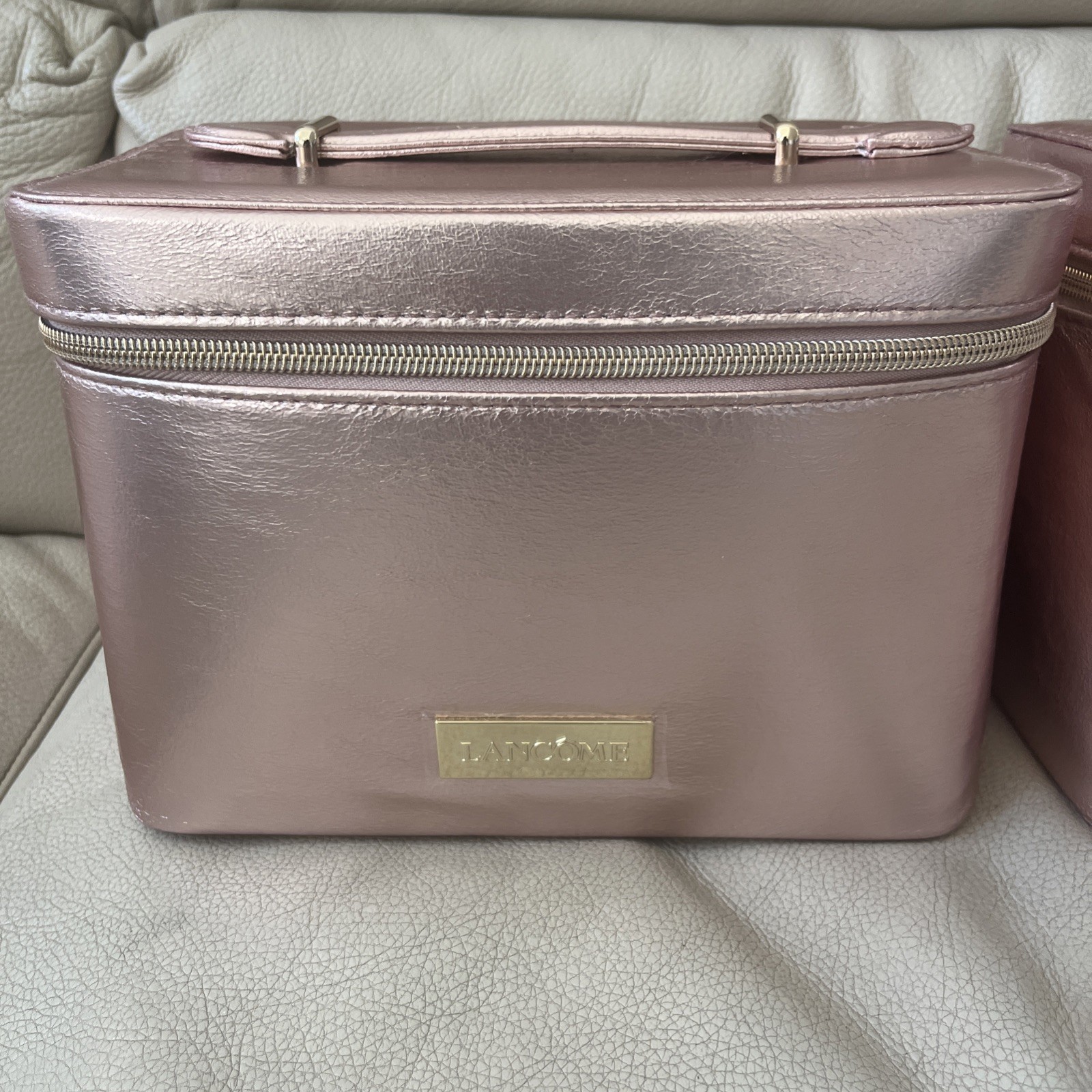 x2 Lancome Rose Gold Pink Cosmetic Top Handle Train Case