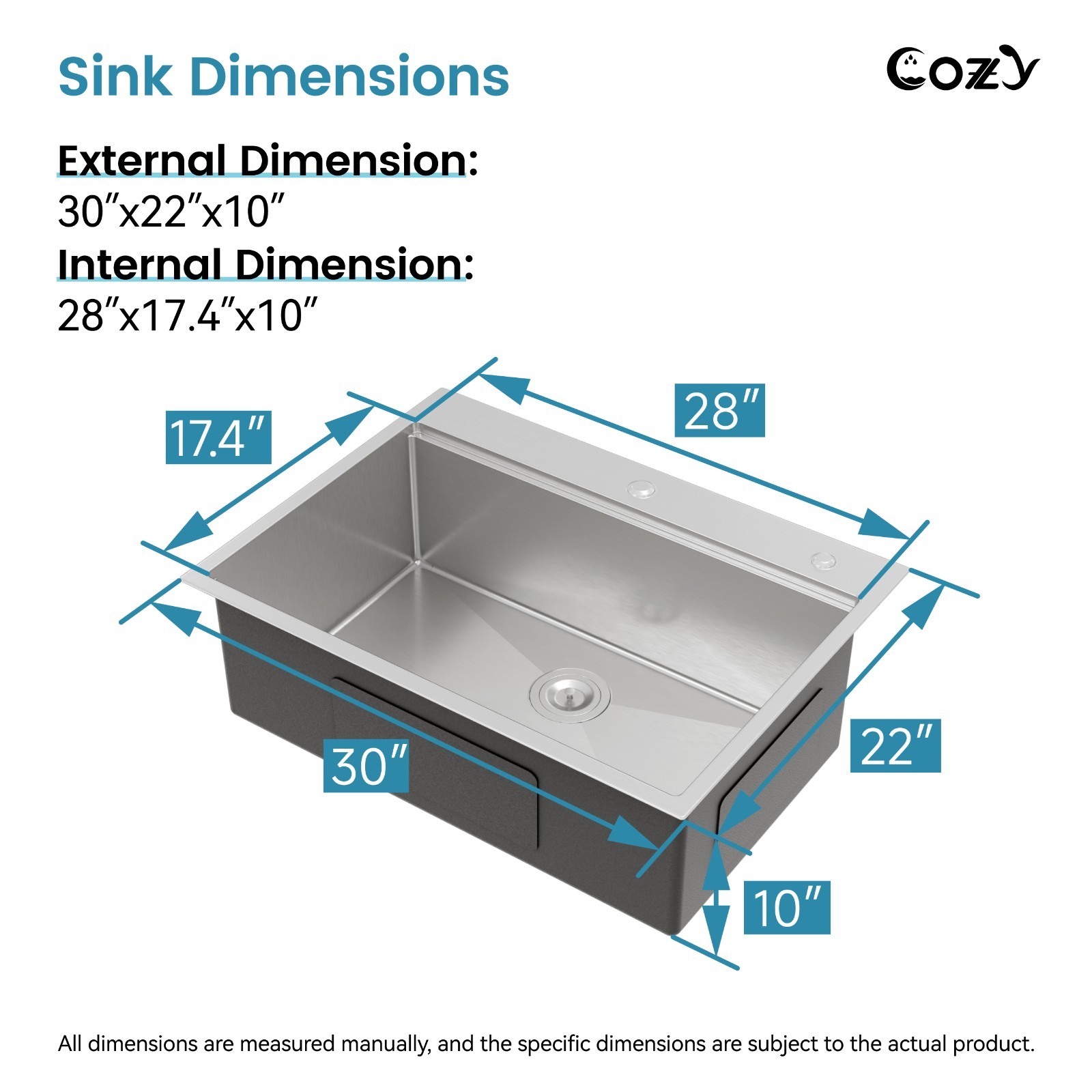 Cozy n Bath 30x22 inch overmount kitchen sink with accessors and drain