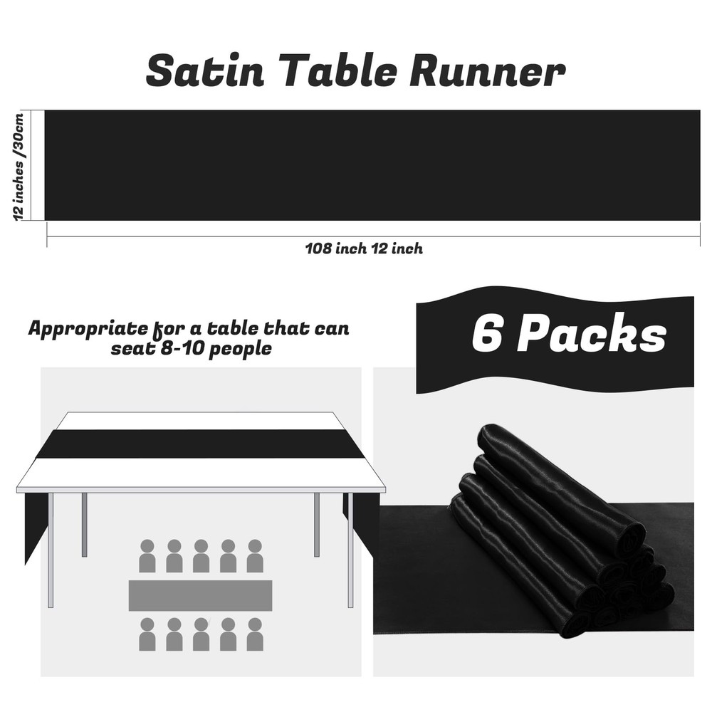6 Pack 12x108 Black Satin Table Runner, Rectangular, Silk, Wedding, Banquet