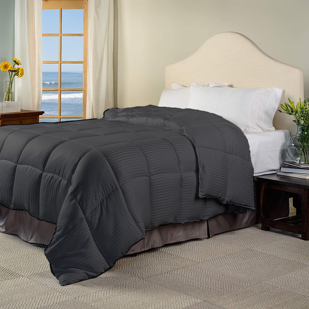 Deluxe 300 GSM Gray Down Alternative Comforter 100% Cotton Stripes Pattern