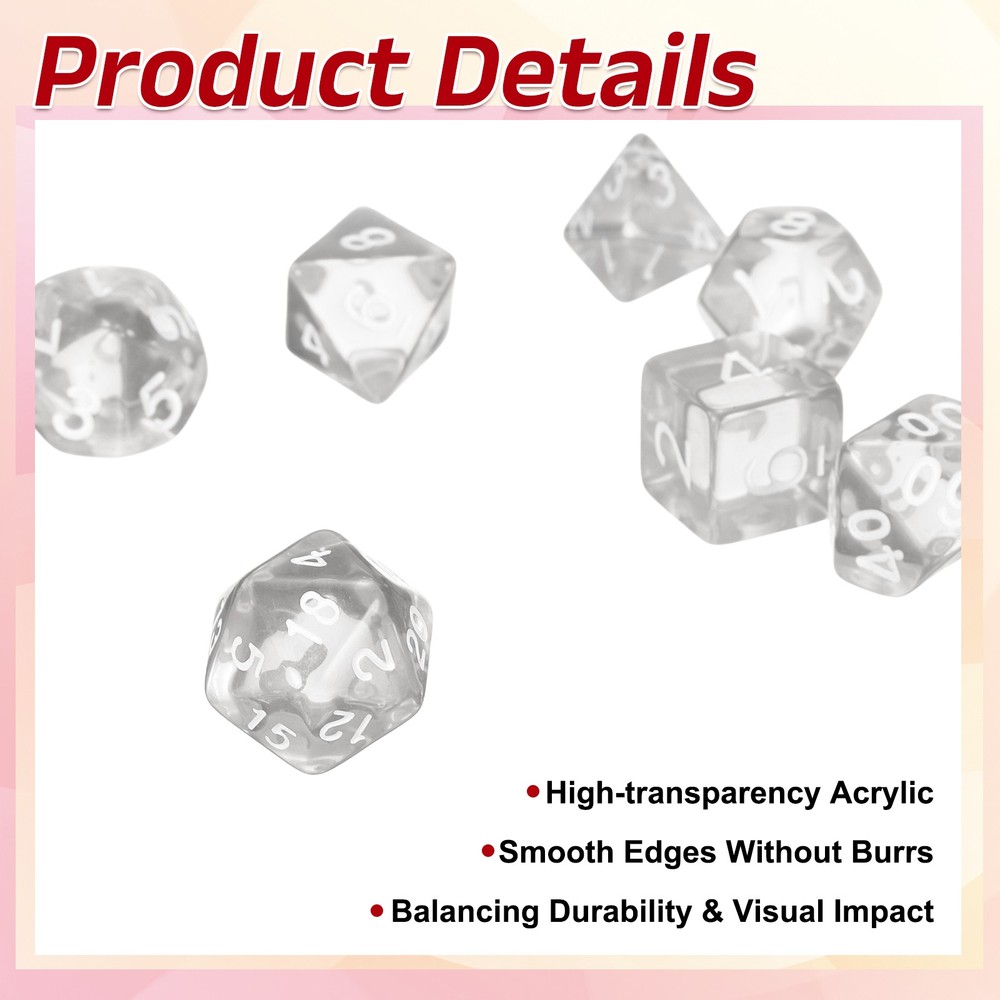 7Pcs Polyhedral Dice Set for Role Playing Games Transparent White