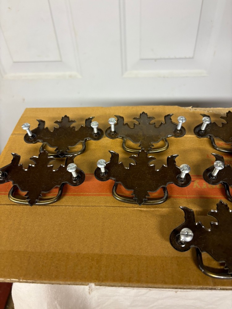 Vintage 9- Drop Pull Cabinet Drawer Hardware Pulls Leaf Brass Bronze Used