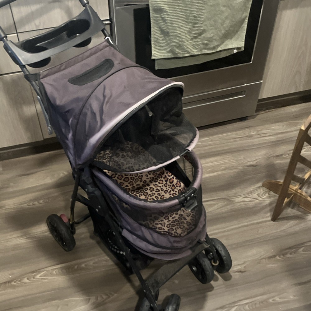 Gray 4-Wheel Pet Stroller Foldable Mesh Window Leopard Print Interior