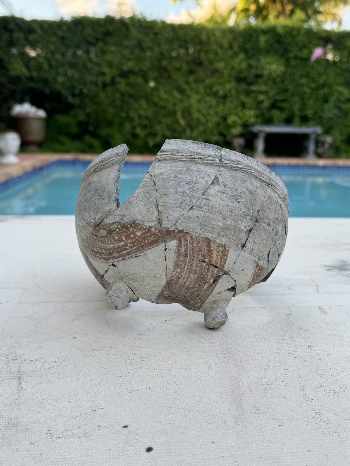 Native American PreColombian Rebuilt Footed Bowl Red Swirl Pattern Pottery Bowl