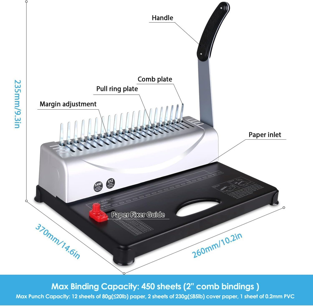 Binding Machine, 21-Hole, 450 Sheets, Comb Binding Machines with 1 Box Comb Bind