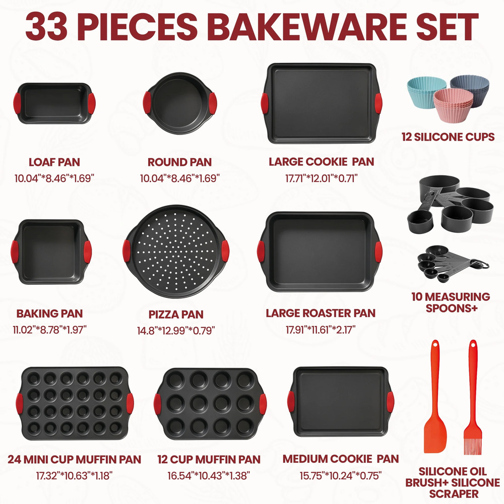 Kikcoin Bakeware Set, 33-Piece Baking Pans Set, Nonstick Baking Sheet Pans