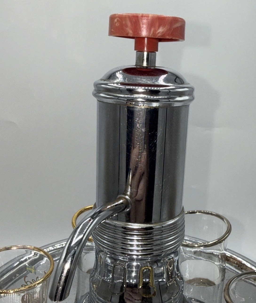 Vintage Liquor Dispenser Pump & Glass Decanter W/6 Shot Glasses W/Chrome Tray