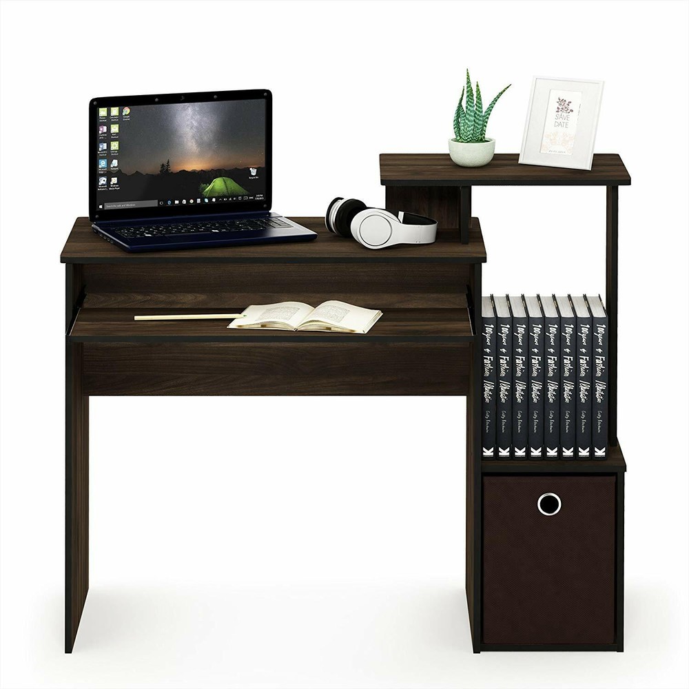 Walnut Finish Student Desk Storage Bin Laptop Computer Table Office Workstation
