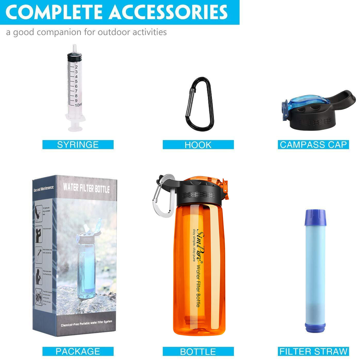 Outdoor Water Filter Straw Bottle, Personal Water Filtration, Emergency Survival