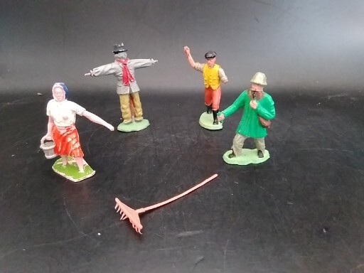 Vintage Plastic Painted Farm Figures + Rake
