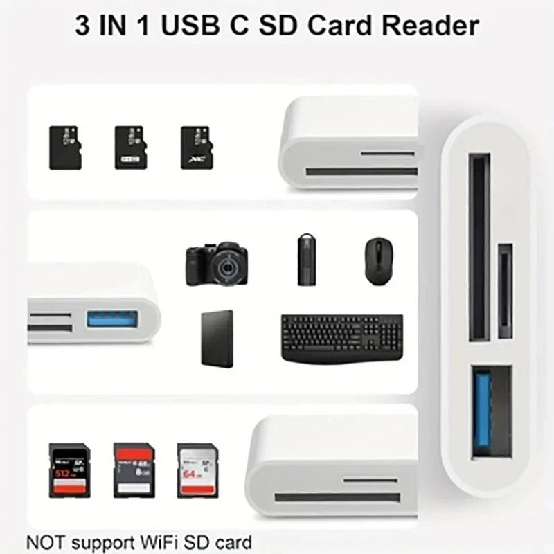 USB C to SD Card Reader, 3-in-1 Hub Converter, Micro SD TF Memory Type-C Adapter