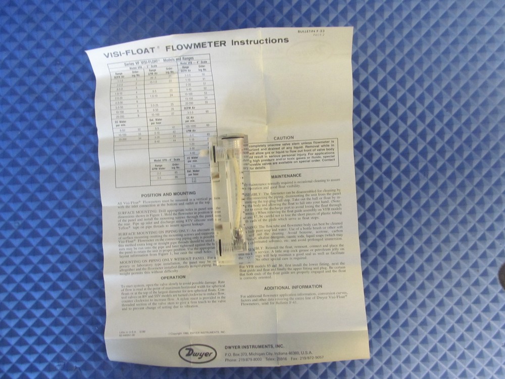 New Dwyer Visi-Float Flowmeter VFA-9 20-200 SCFH