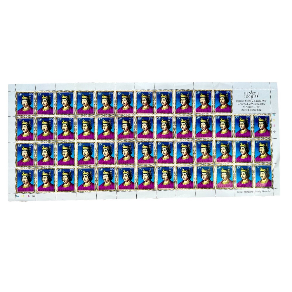 Henry 1st, Vintage Postal Stamp Large Sheet, Barbuda