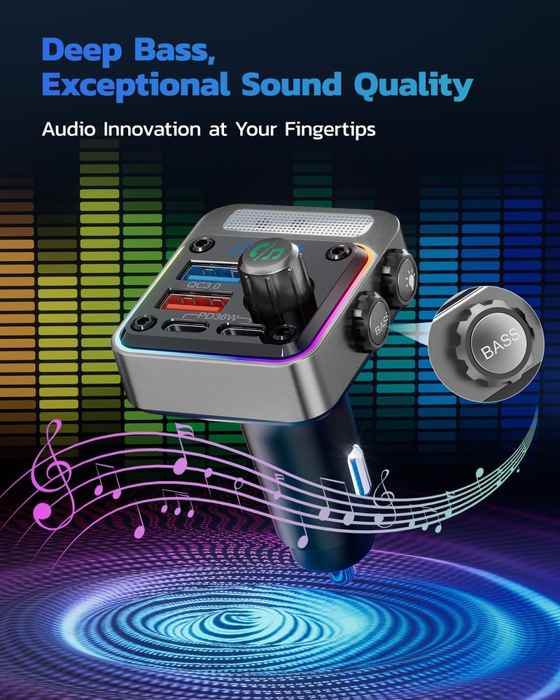 Nulaxy 54W Bluetooth 5.3 Car Adapter with 4 Charging Ports [PD 36W & Silver