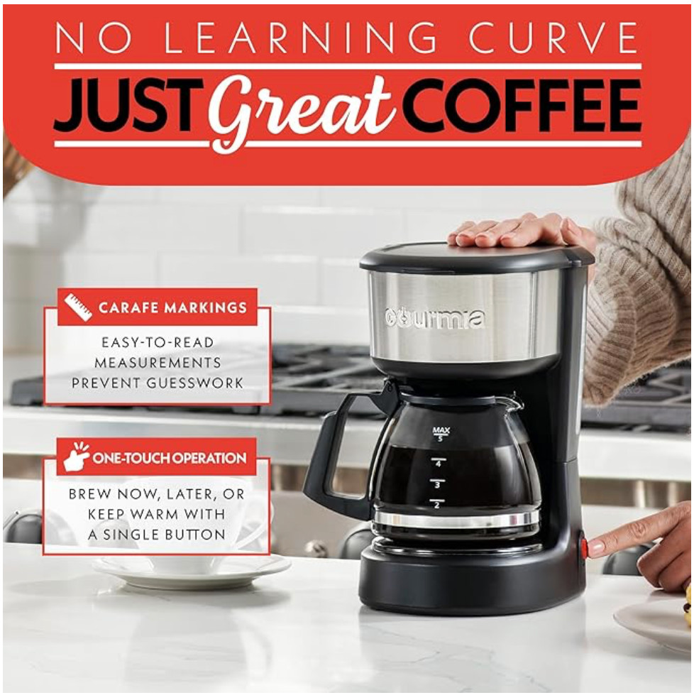 Gourmia 5 Cup Coffee Maker, Pause & Serve, Keep Warm, One-Touch Brew