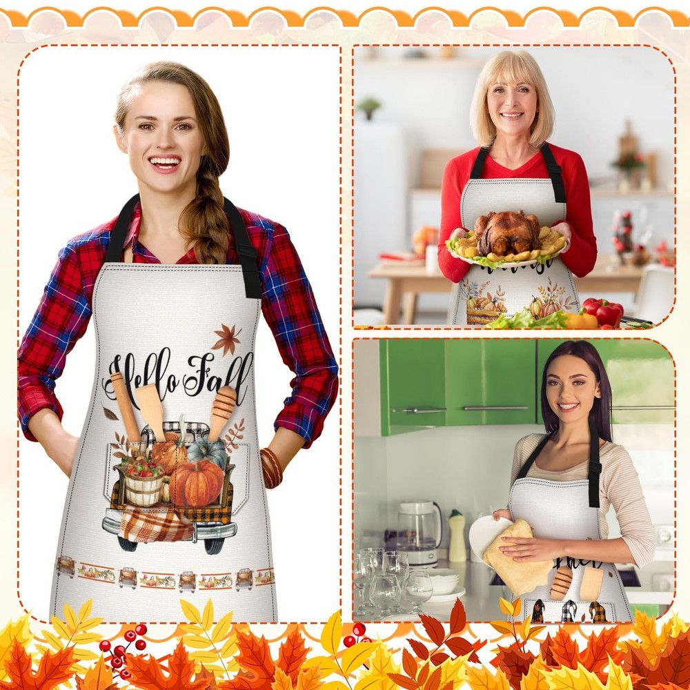 6 Pcs Fall Aprons with Pockets Waterproof Pumpkin Kitchen Aprons Adjustable C...