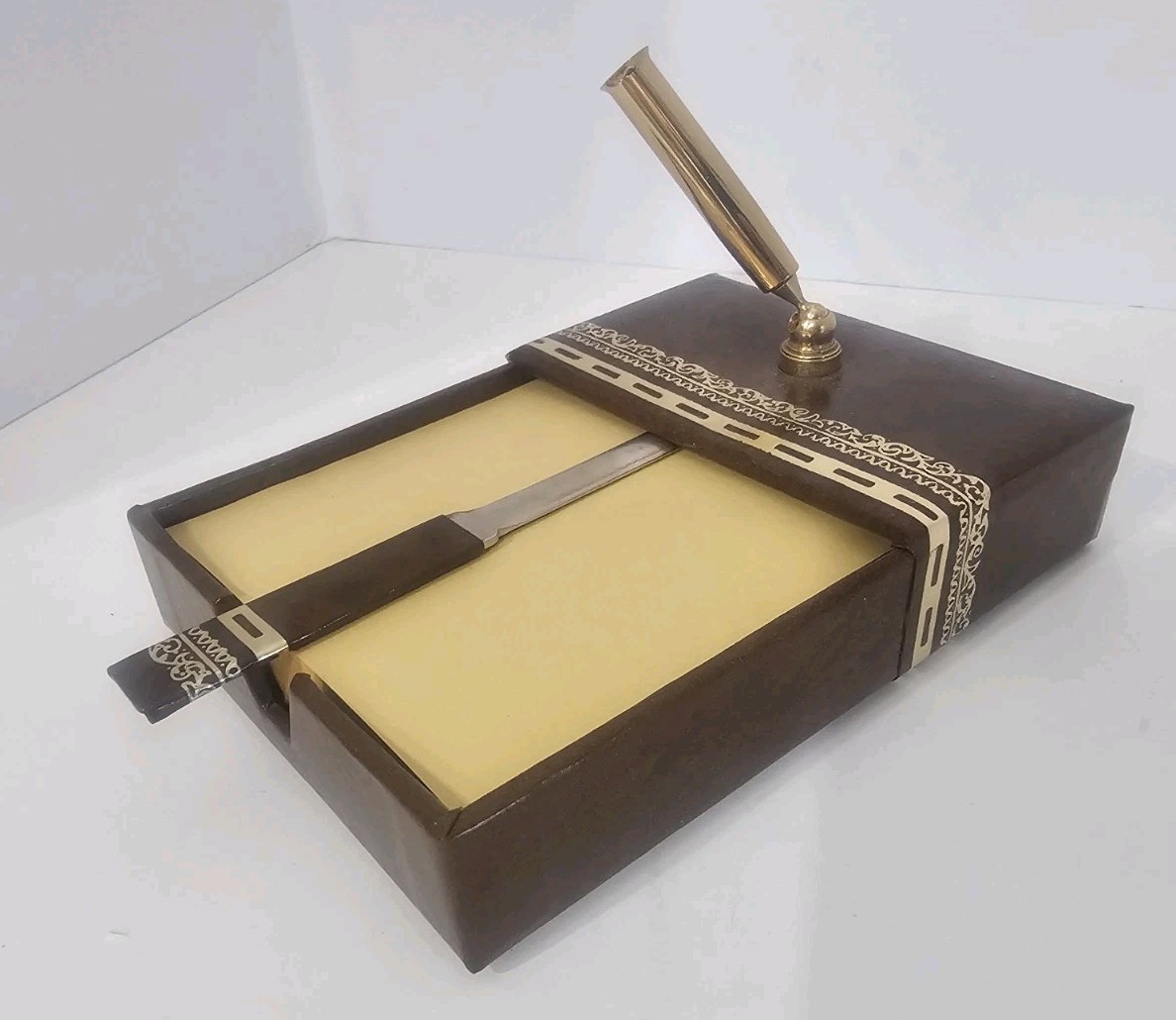 Vintage Desk Set Letter Opener Memo Holder Faux Leather Gold Office Desk...