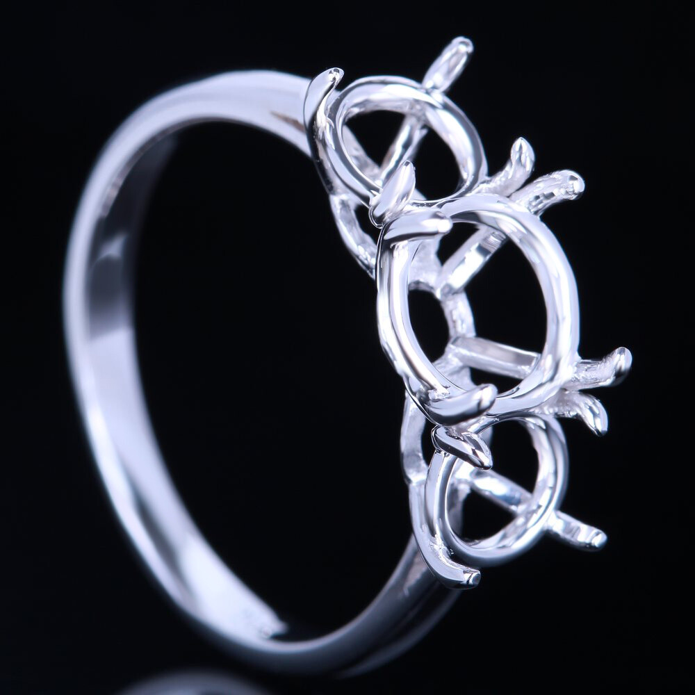 Solid 10K White Gold Three-Stone 8mm&6mm Round Empty Ring Setting