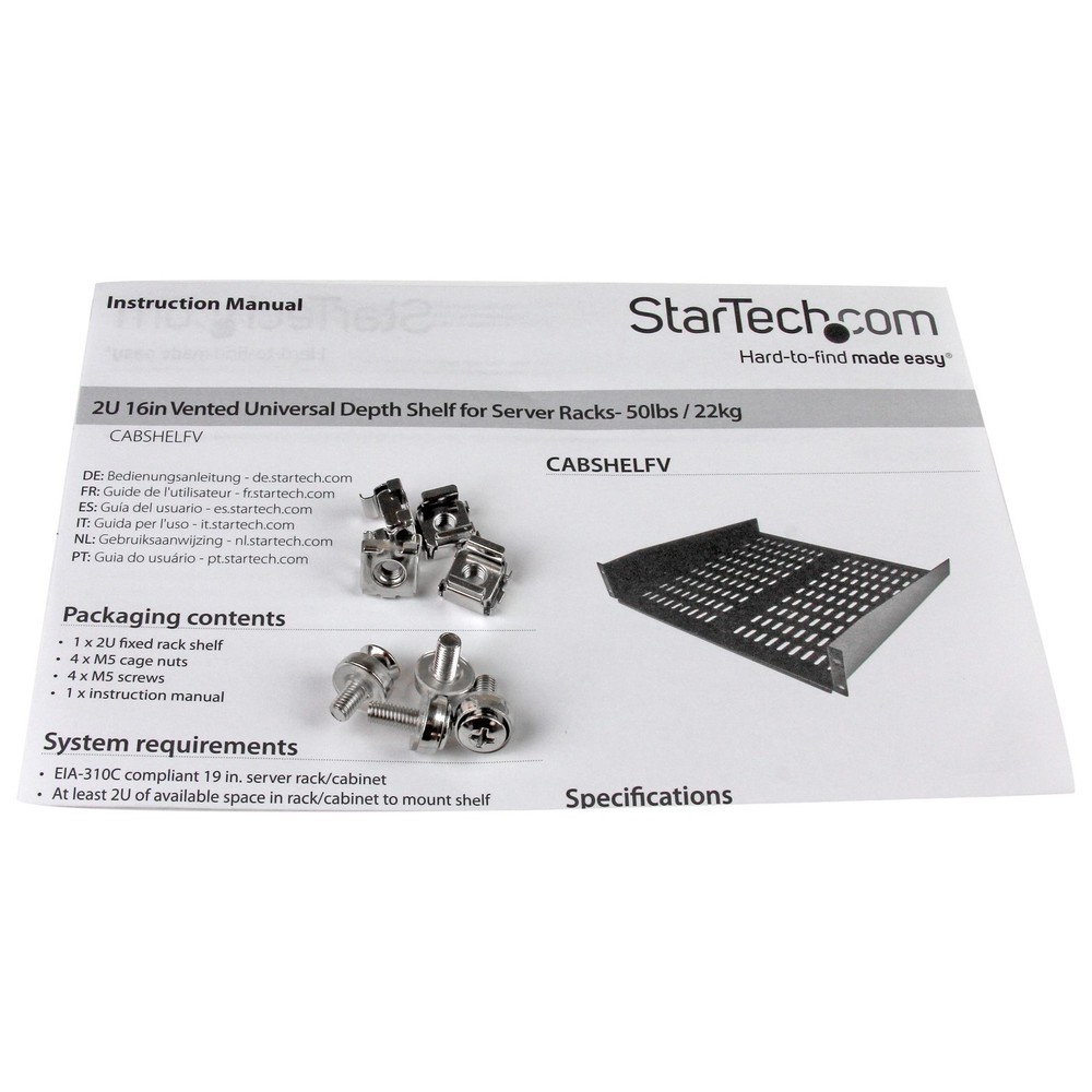 StarTech.com CABSHELFV 2U 16in Vented Fixed Rack Shelf 50lbs Max Capacity