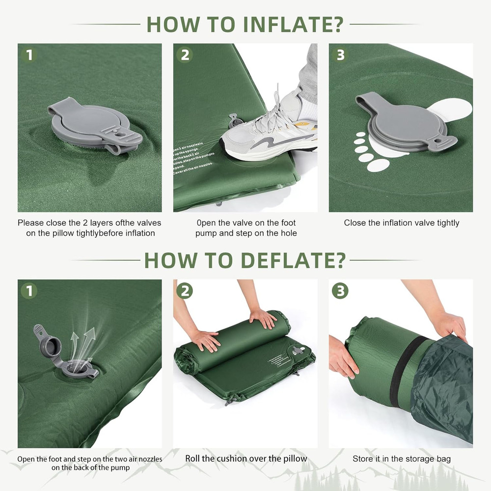 Memory Sleeping Pad, Ultra-Thick Foam Mat, Easy Storage, Fast Self-inflation