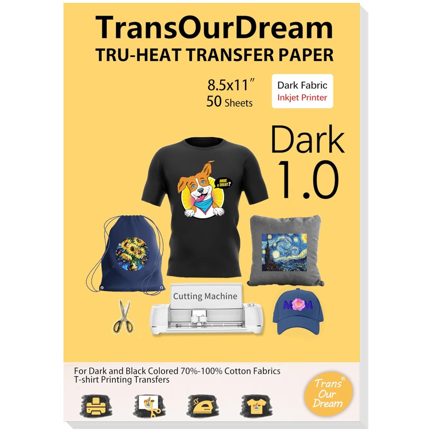 Vibrant & Durable Heat Transfer Paper 50 Sheets for Dark Cotton Fabrics - 8.5x11