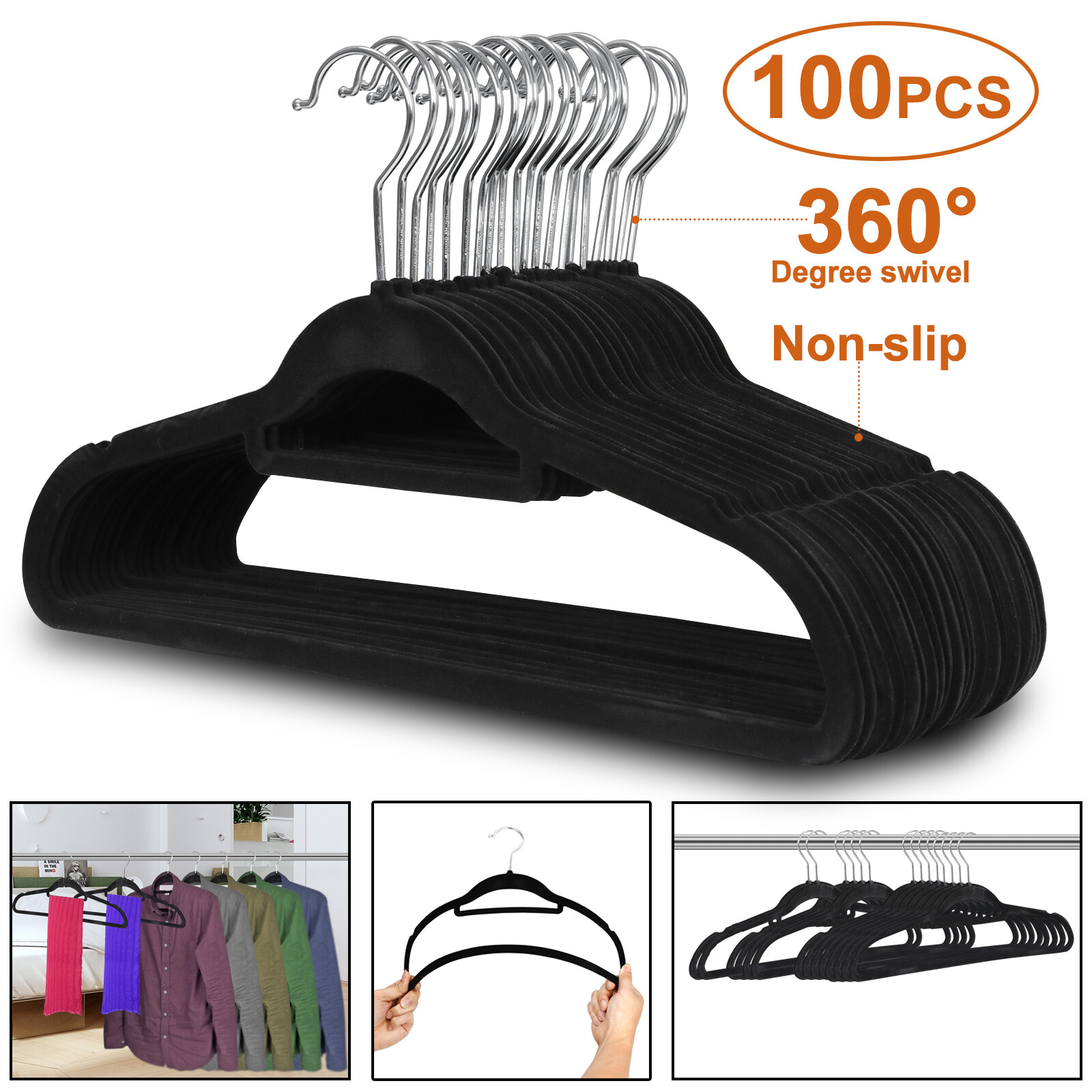 100/200/300/400 Pack Velvet Hangers Flocked Non-Slip Clothes Hangers Swivel Hook