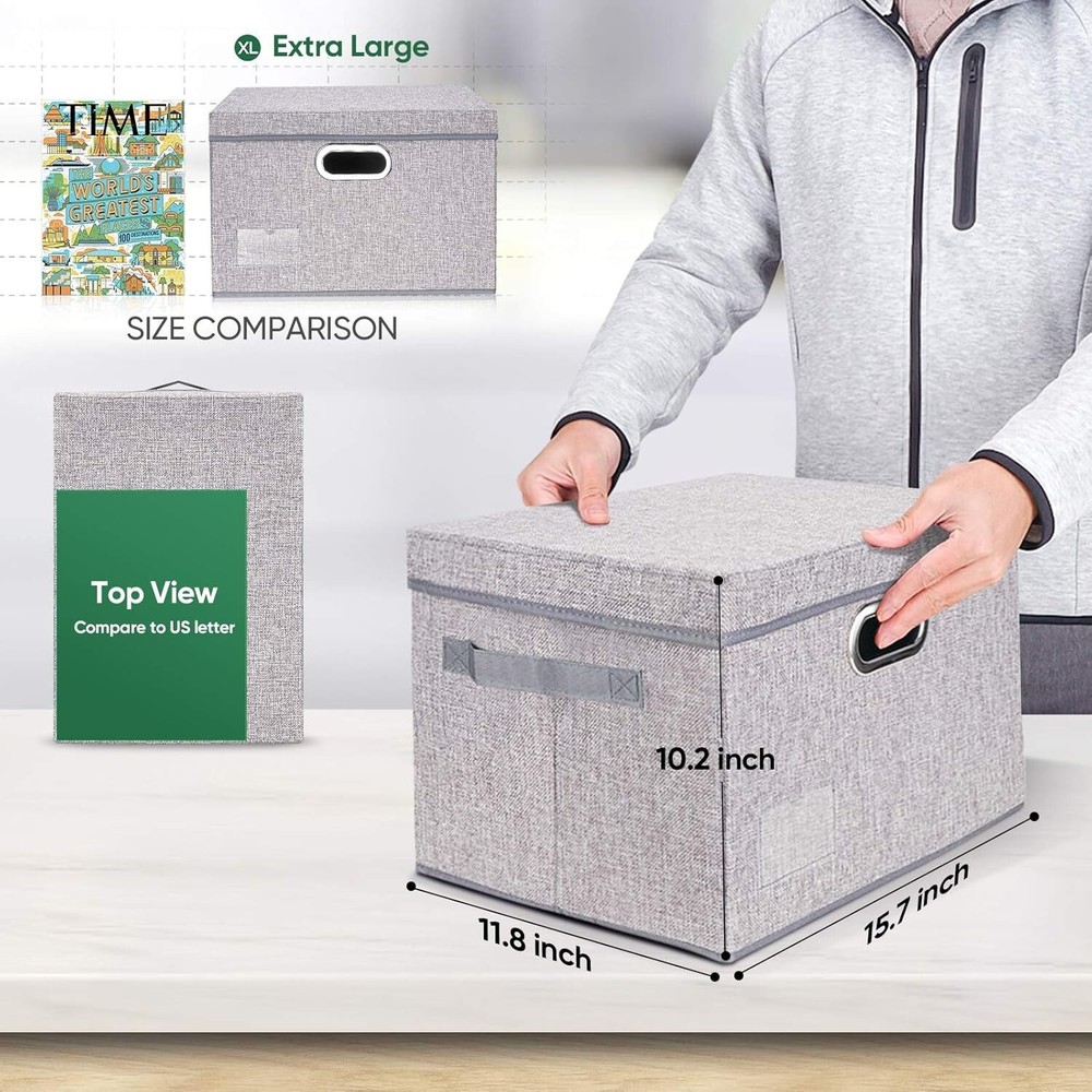 3 PACK Storage Bins with Lids, Foldable Linen Fabric Storage Boxes with Lids