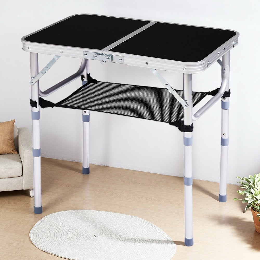 Folding Camping Table 2ft - Adjustable Mesh Storage Aluminum Frame Patio Black
