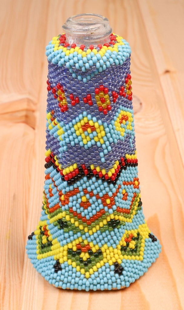 Paiute Beaded Glass / Basket / Bead-Covered Jar with Blue Field, Diamond Motif