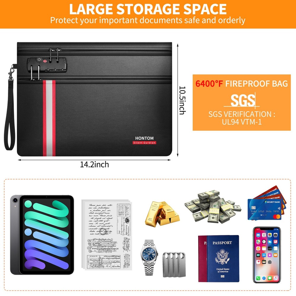 Fireproof Document Bag,6400℉ Upgraded Material Fireproof Water Resistant Mone...