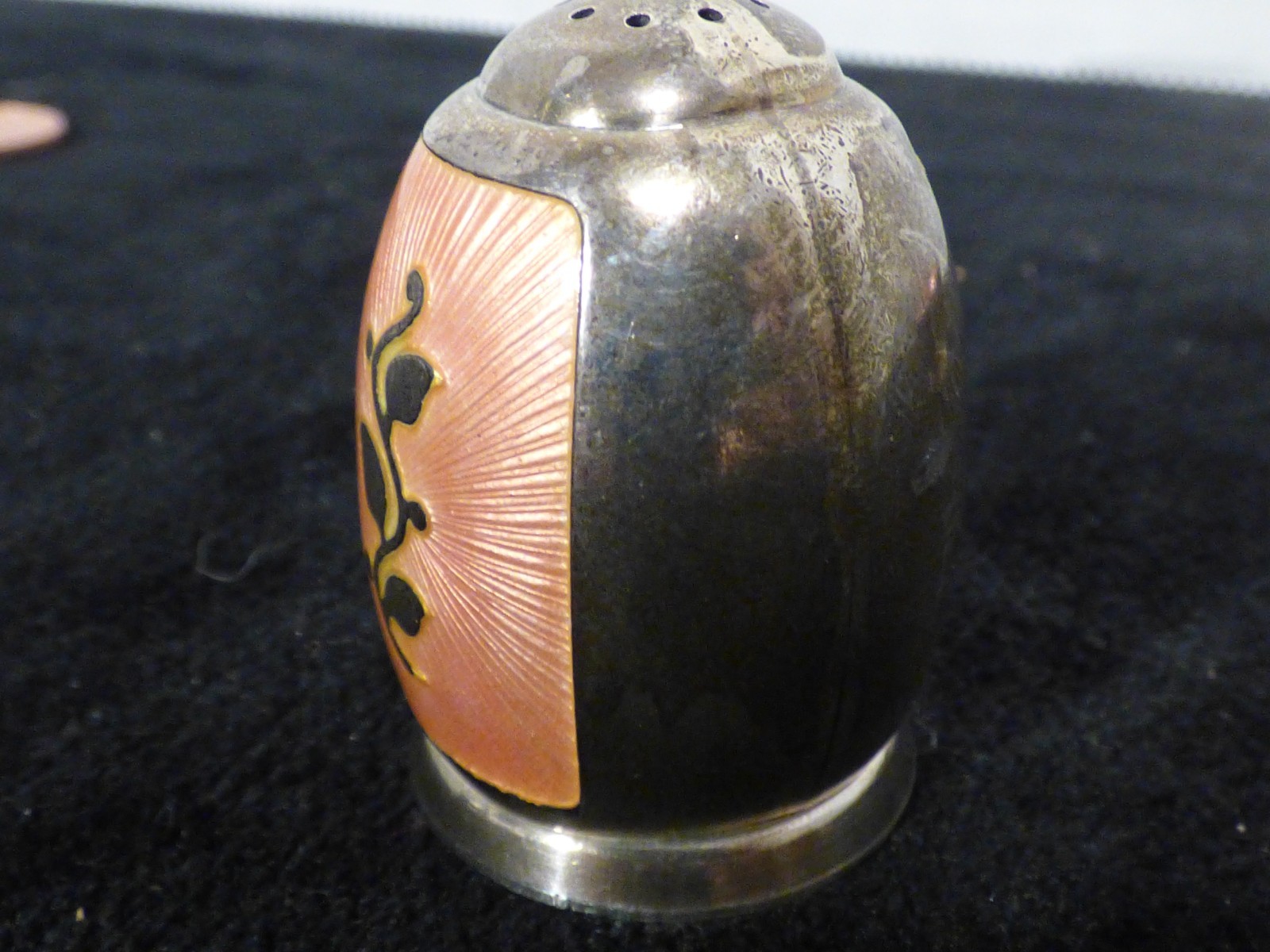 Antique Denmark Salt Cellar & Spoon & Pepper Shaker Sterling V.B. VB Pink Enamel