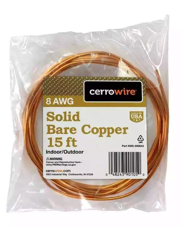 15ft. 8-Gauge Solid SD Bare Copper Grounding Wire Wiring Electric Electrical