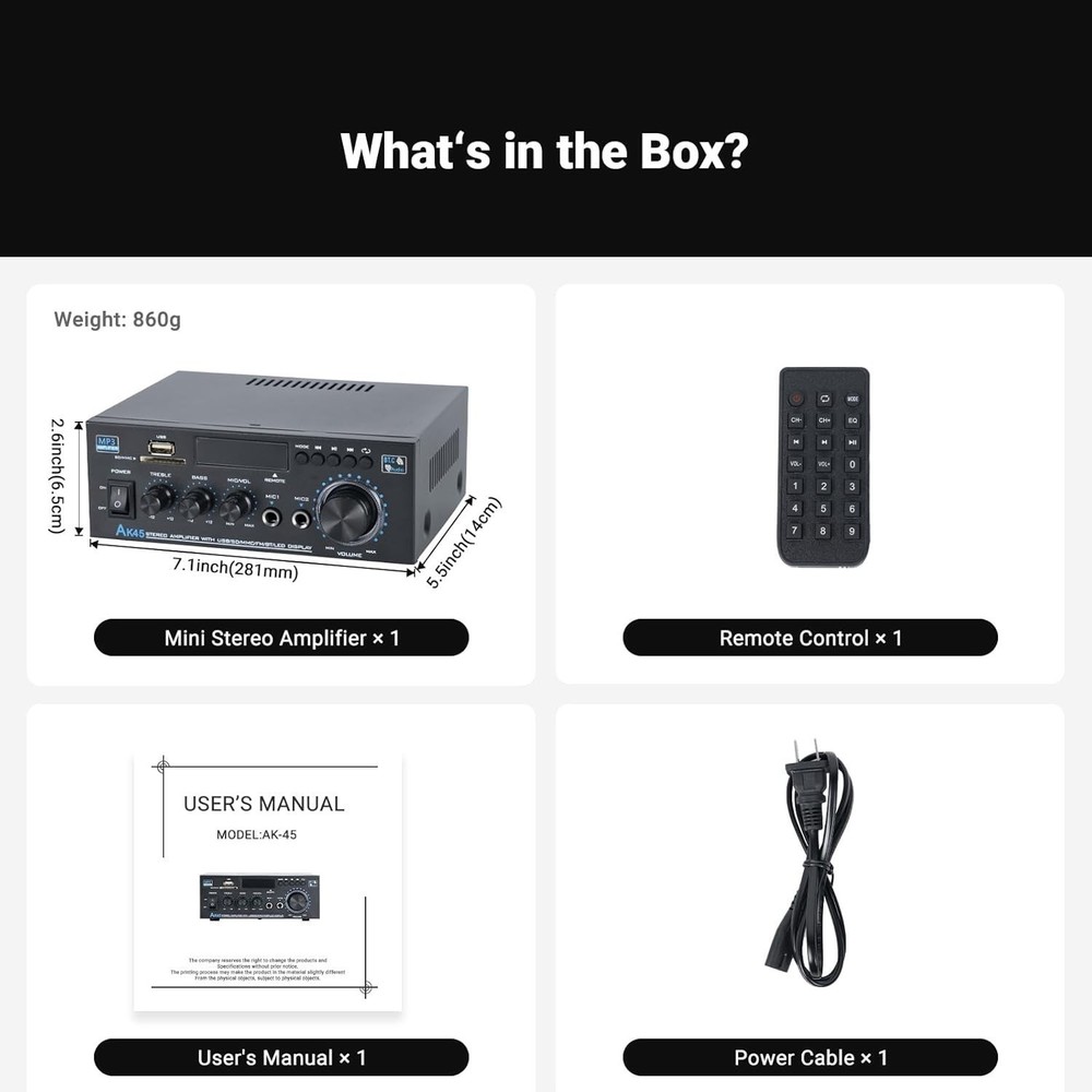 Stereo Receiver AK45: Bluetooth 5.0 300Wx2 Max Power Home Audio Amplifier