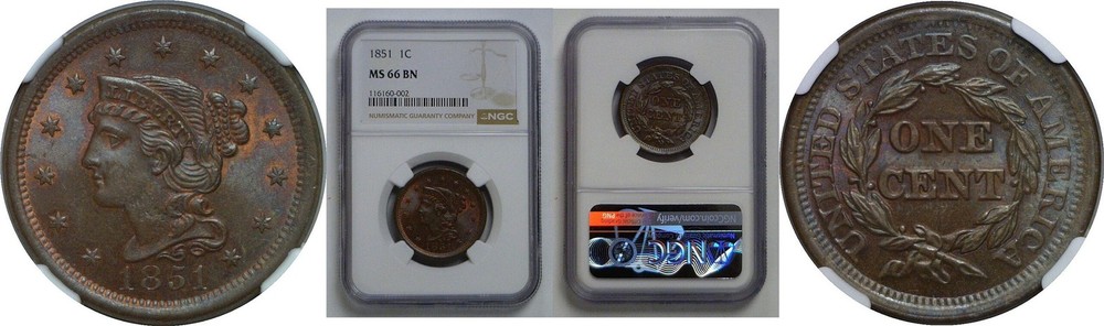 1851 Large Cent   NGC MS-66 BN