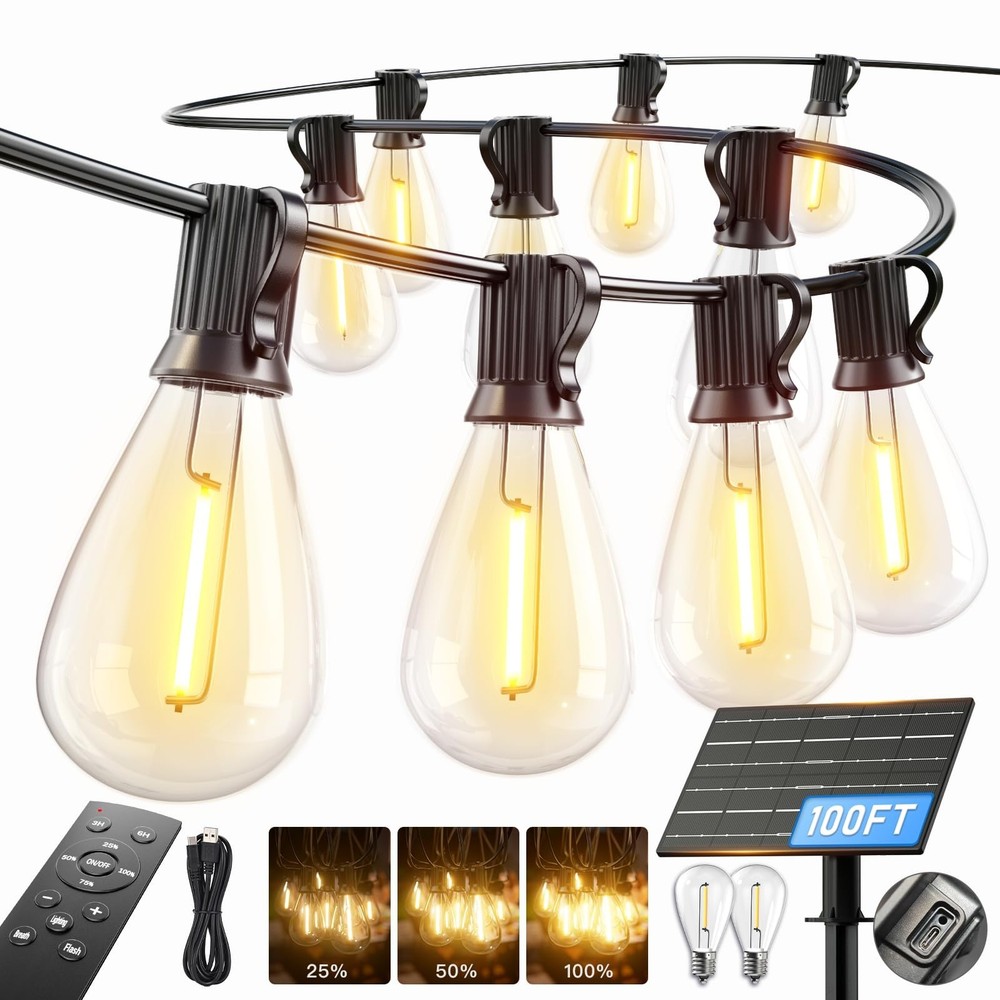 100FT Solar String Lights Waterproof, 35+1 LED Remote Control, 3 Modes, Dimmable