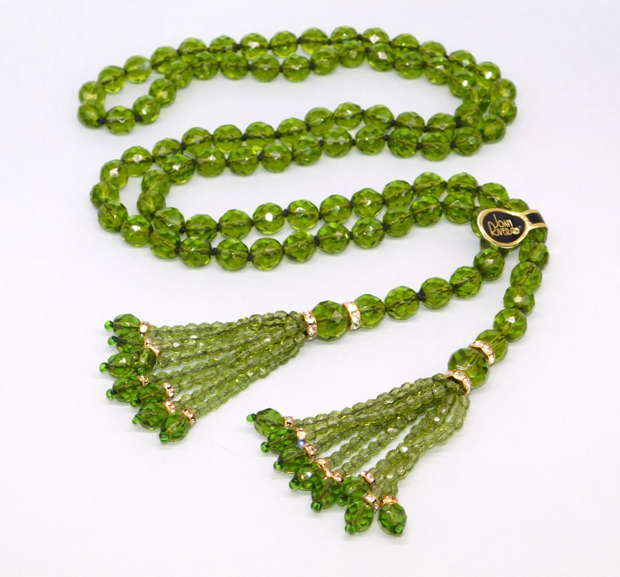 Vintage JOAN RIVERS Lariat Tassel Necklace Green Faceted Beads Flapper NWT
