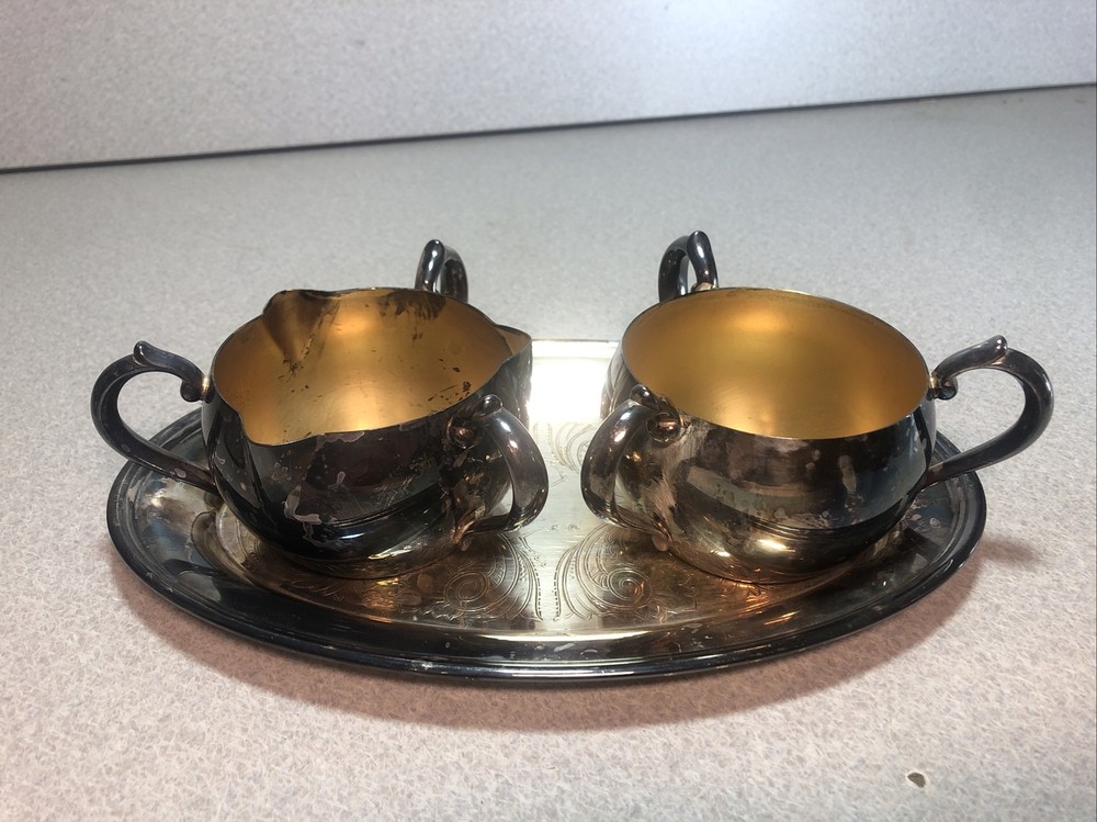 3 Piece Oneida LTD Lacquered Silverplate RARE 3-Handled Creamer, Sugar & Tray