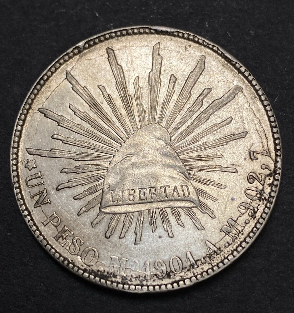 1901 Mexico Silver Peso Obverse & Reverse Lamination Left Extra Leaf Mint Error