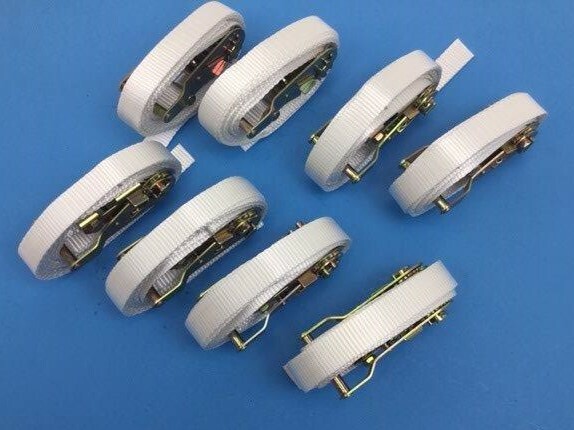 8 Pack of 1" x 15' White Tent Ratchet Straps with Sewn Loops & 1,000 lbs WLL