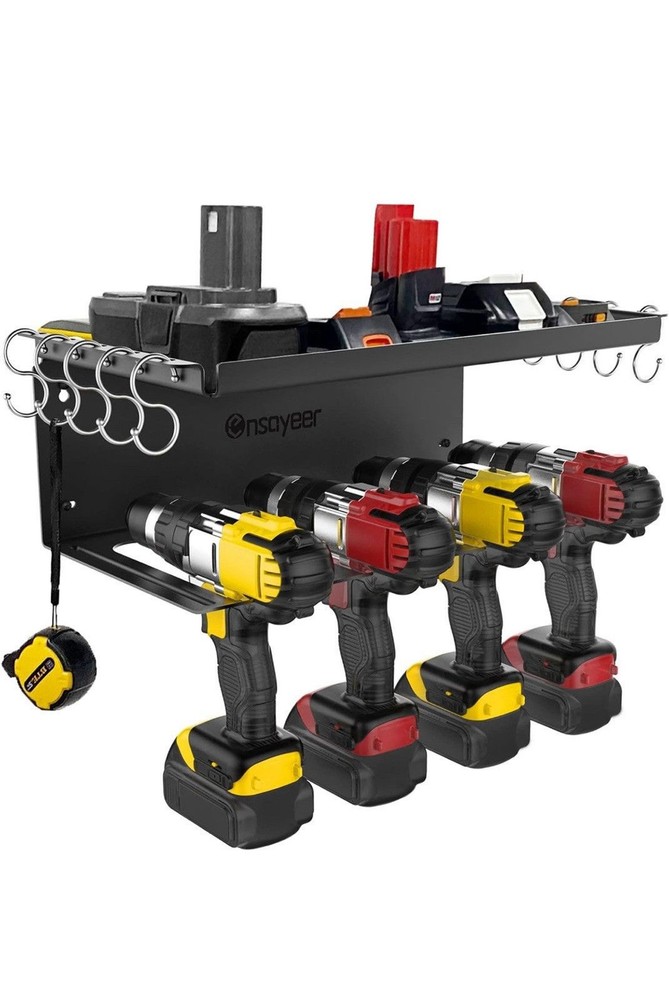 Power Tool Organizer 4 Drill Holders Wall Mounted Garage Tool Storage Rack