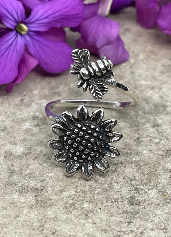 Sterling Silver Sunflower Bumblebee Ring, Dainty Spoon Ring