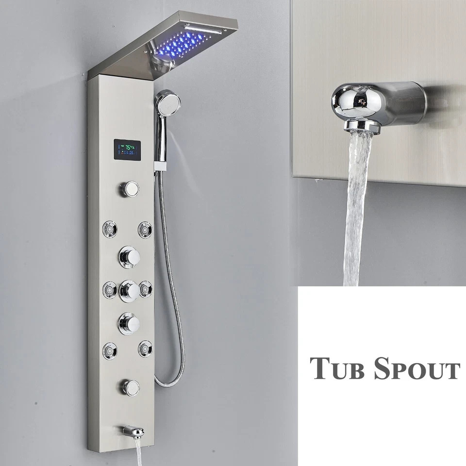 Rain Shower Panel Tower System Stainless Steel 6-Function Faucet LED Shower Head