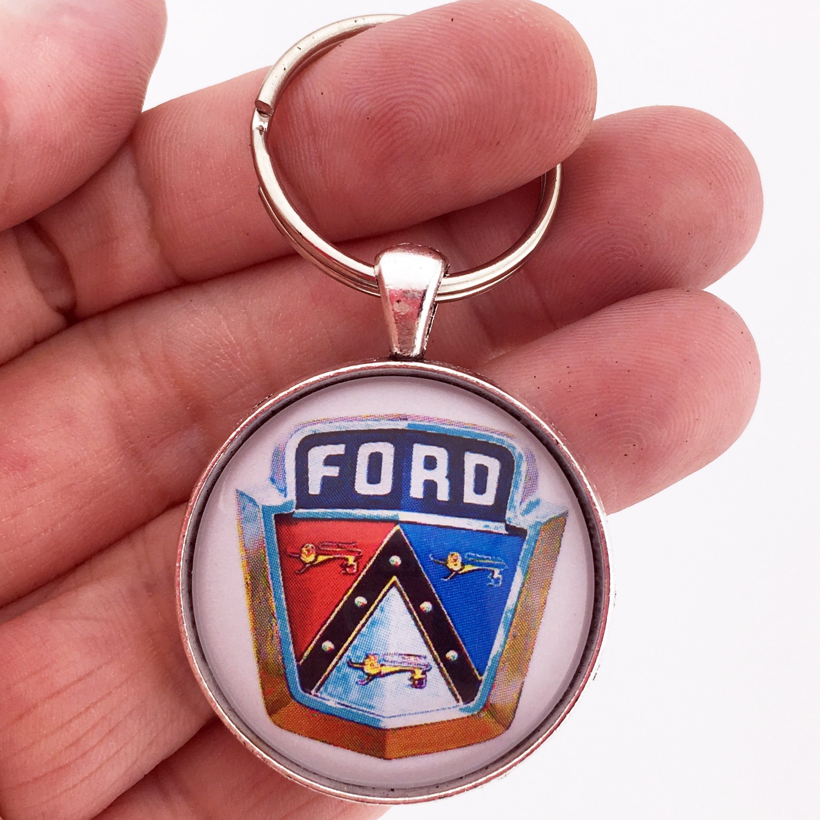 1950's Ford Red White Blue Chrome Trunk Hood Emblem Badge Logo Keychain