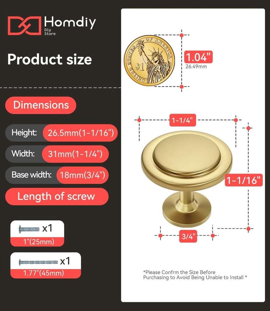 homdiy 10 Pack Gold Cabinet Knobs Zinc Alloy Kitchen Knobs, Gold Pulls for Ca...