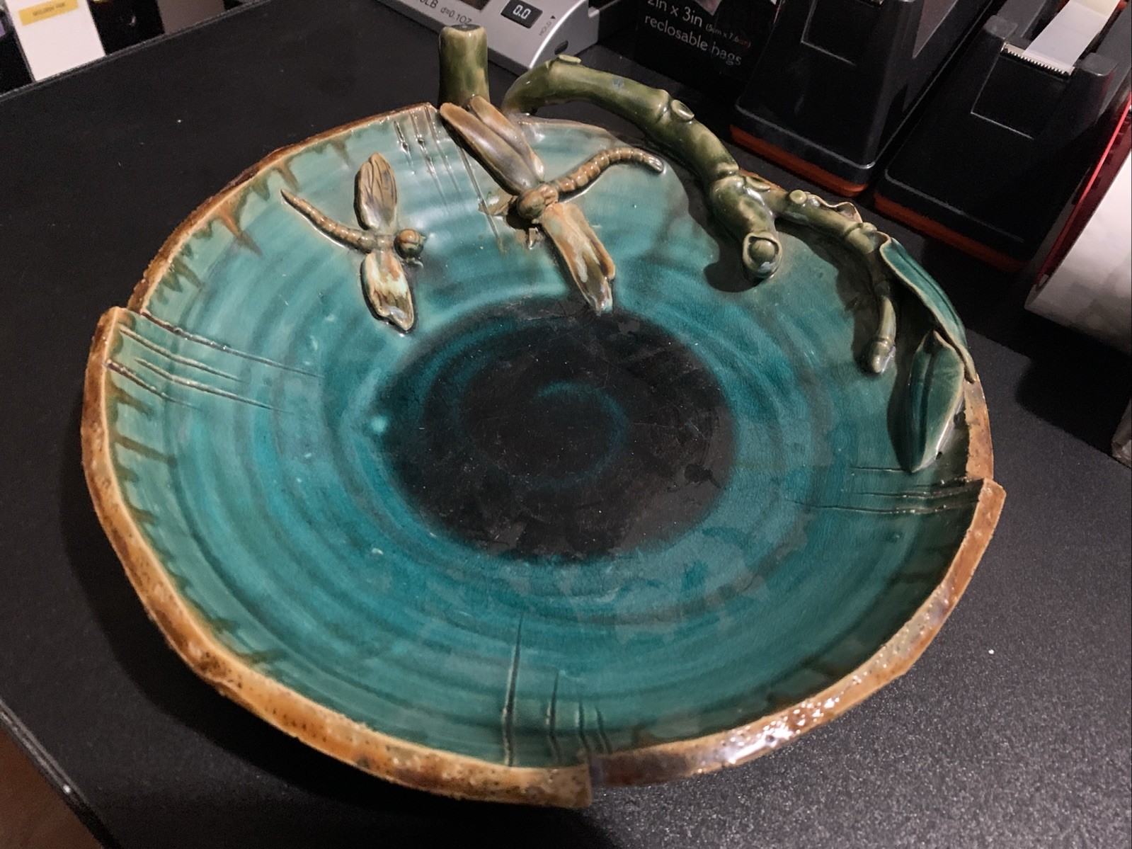 Vintage Mission Style Pottery Dragonfly Collectable Art Pottery Green Bowl 11"