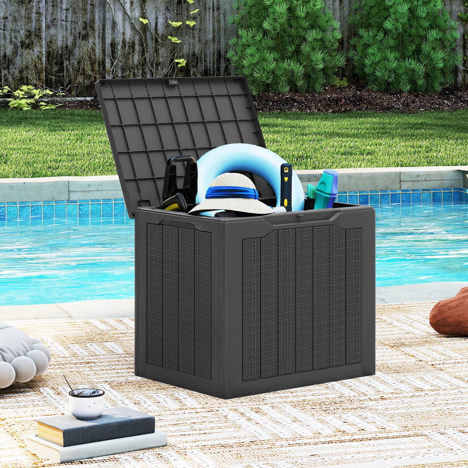 Outdoor Storage Box w/Lockable Lid & Wicker-woven Texture for Pool Accessories